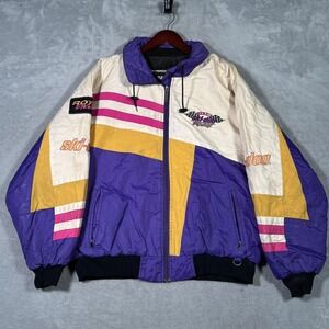 Vintage Ski-Doo Jacket Mens XL Purple Yellow Hooded Racing Bomber Ski *FLAWS